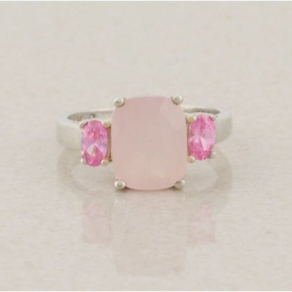 Sterling Silver Rose Quartz and Pink Cubic Zirconia Ring Size 6 1/4 - Picture 1 of 7